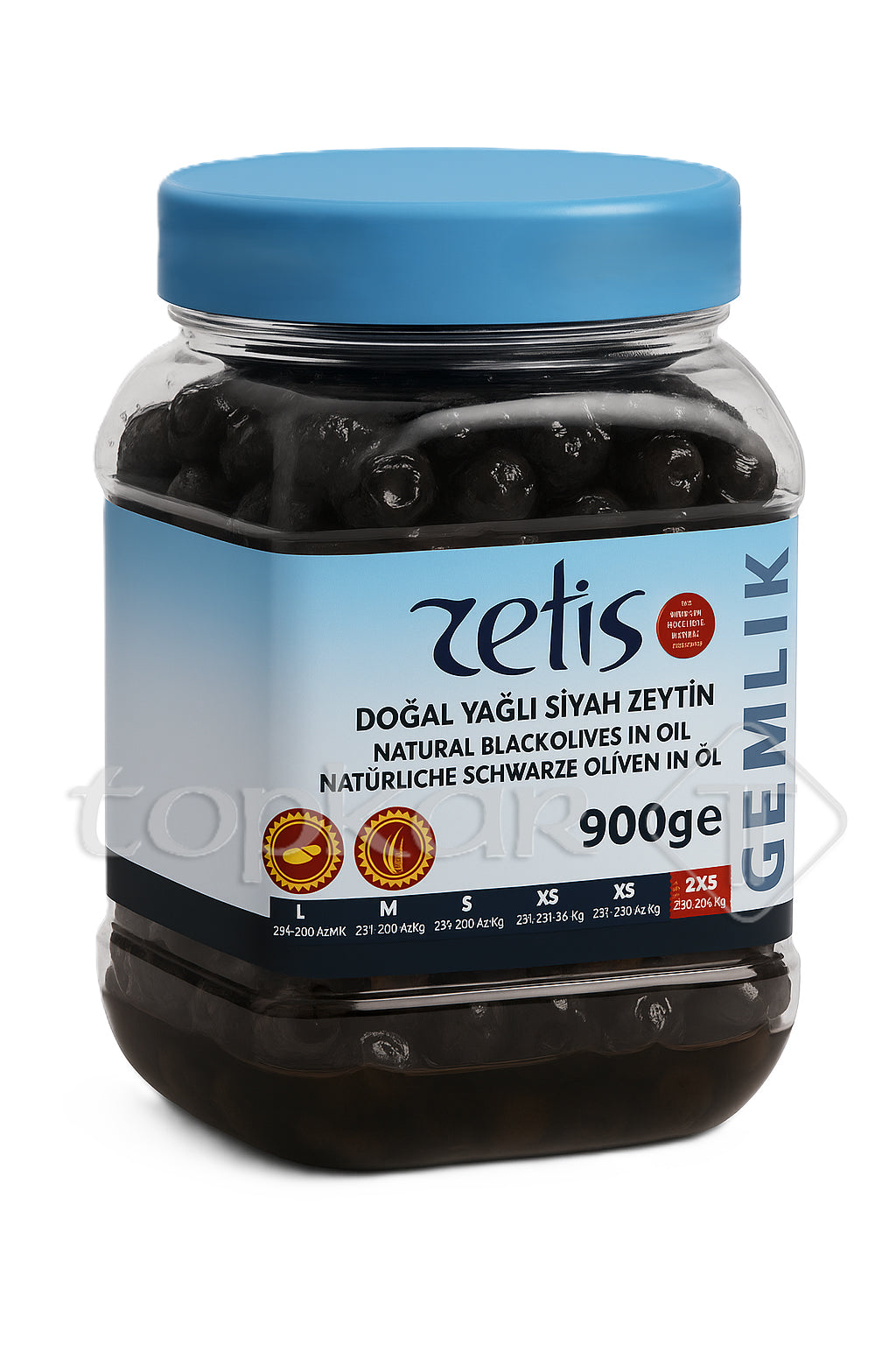 Zetis Oliven 2XS Schwarze Oliven in Öl im 900g Glas mit blauem Deckel und deutschem Etikett