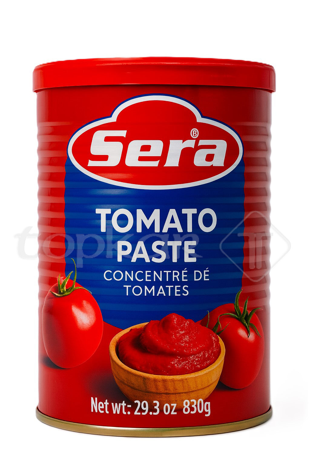Dose mit Sera Tomatenmark, zeigt reife Tomaten und eine Schüssel voll Tomatenpaste vor weißem Hintergrund.
