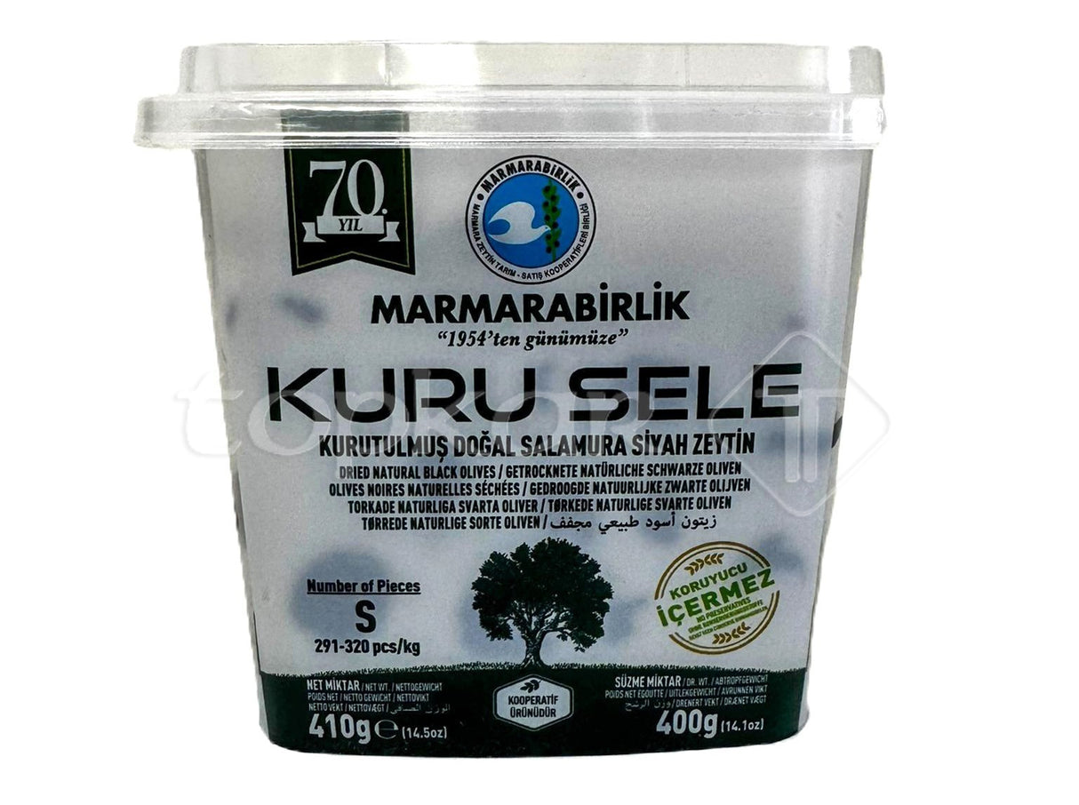 MARMARABIRLIK Sele Oliven in praktischer Verpackung, getrocknet und natürlich eingelegt, schwarze Oliven in Salzlake.