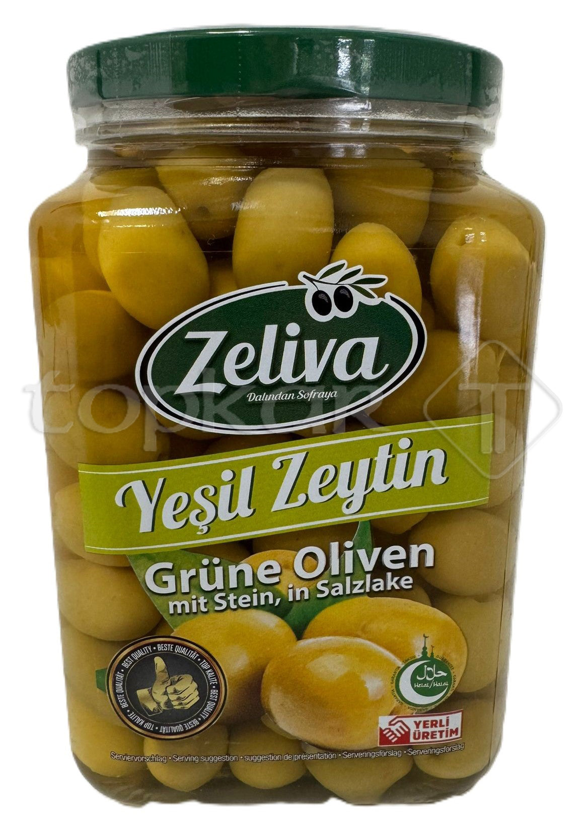 Zelivia Grüne Oliven mit Stein in Salzlake im Glas, ganze grüne Oliven frisch und saftig präsentiert.