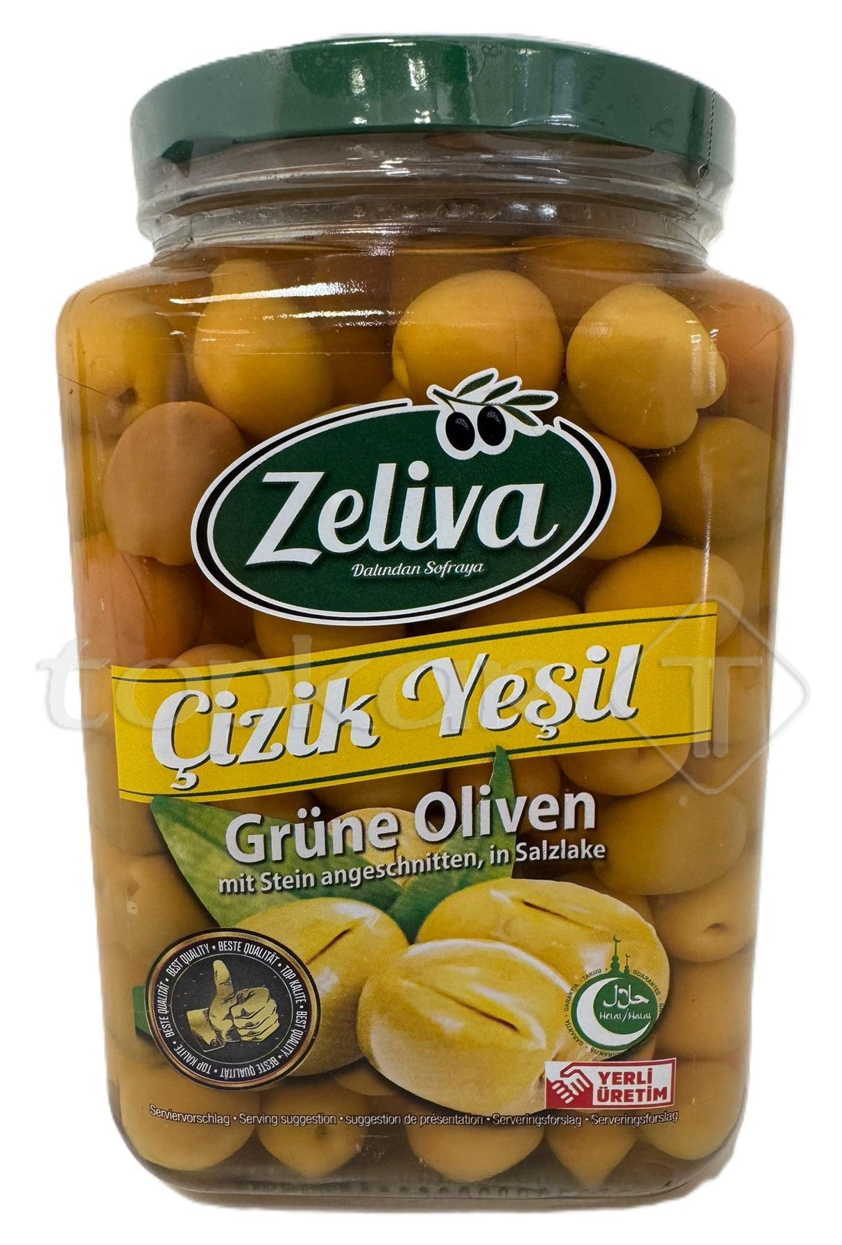 Zelivia Grüne Oliven im Glas, in Salzlake eingelegt, natürliche grüne Oliven mit Stein, appetitlich präsentiert.