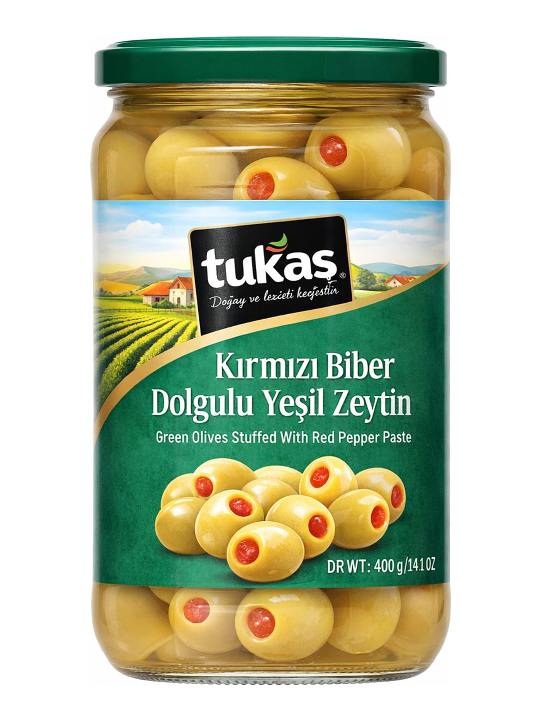 Tukaş Grüne Oliven gefüllt mit roter Paprikapaste 700g – Kırmızı Biber Dolgulu Yeşil Zeytin 5XL