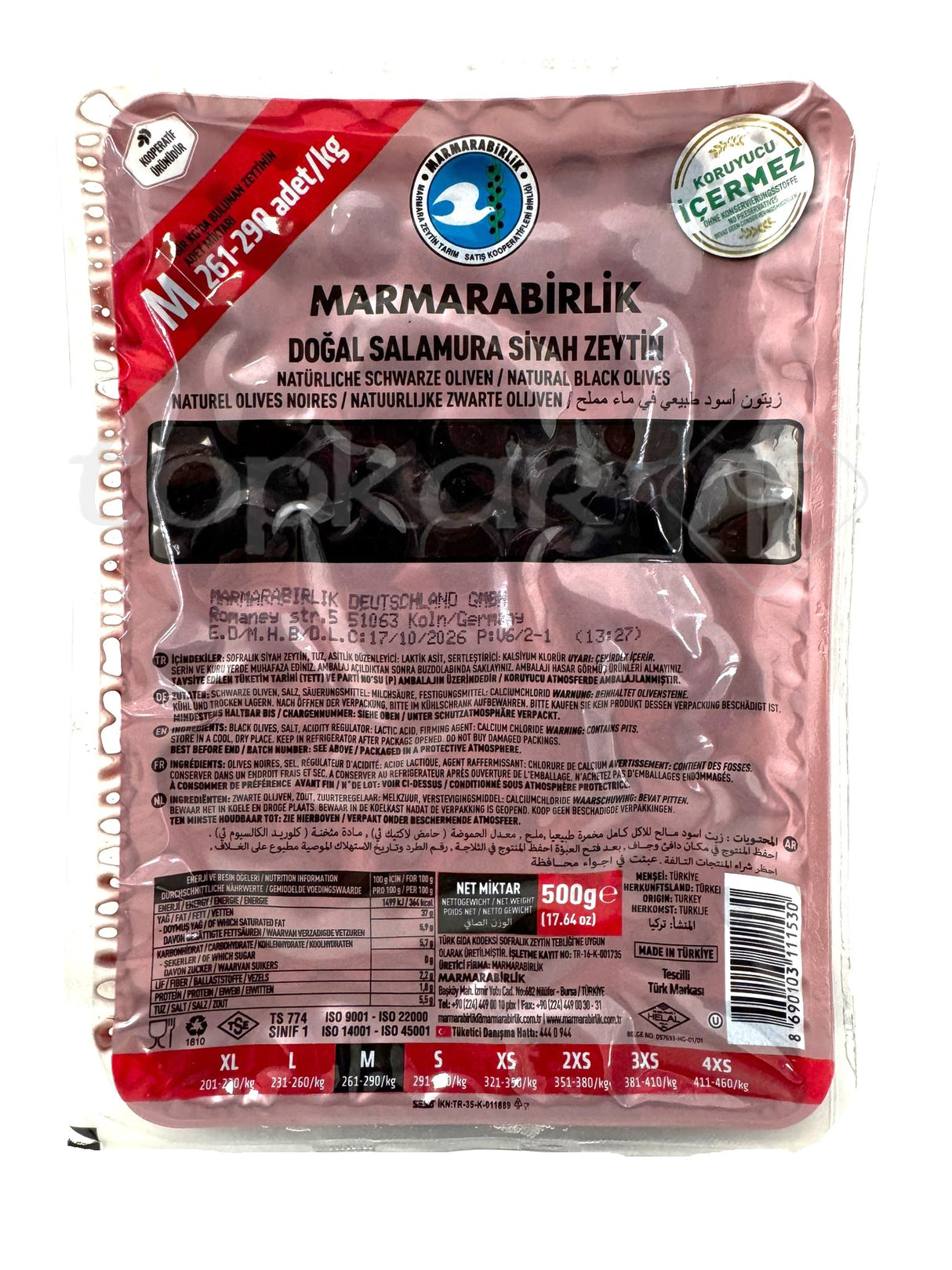 Marmarabirlik Oliven Süper in natürlicher Lake schwarze Oliven, frisch und lecker.