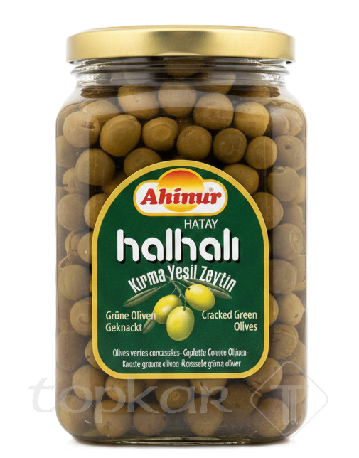 Ahinur Grüne Oliven eingeschnitten in Glas mit goldfarbenem Deckel, naturnah präsentiert und gebrauchsfertig.