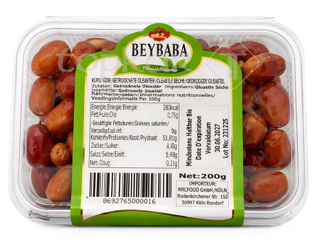 Beybaba Getrocknete Oleaster 200g im transparenten Behälter mit Nährwertangaben und Produktetikett