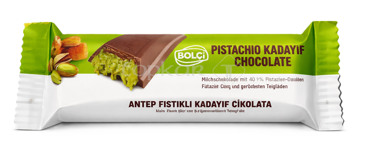 Bolci Dubai Style Schokolade mit Pistazienfüllung und zarter Milchschokolade in hellgrüner Verpackung