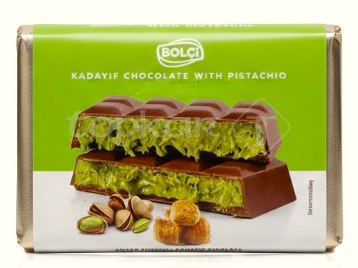 Bolci Dubai Style Schokolade mit Pistazienfüllung in Schokoladenriegeln auf grünem Hintergrund