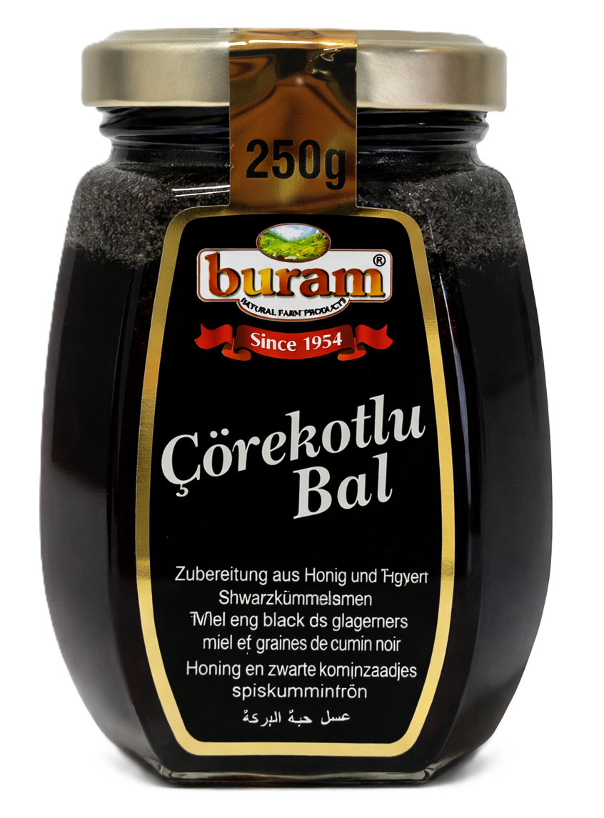 Buram Honig Schwarzkümmel im 250g Glas mit natürlichem Honig und Schwarzkümmelsamen verfeinert