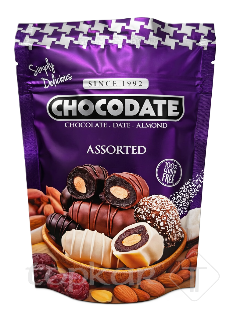 Chocodate Assorted mit Datteln, Mandeln und Schokolade in verschiedenen Sorten und glutenfrei verpackt