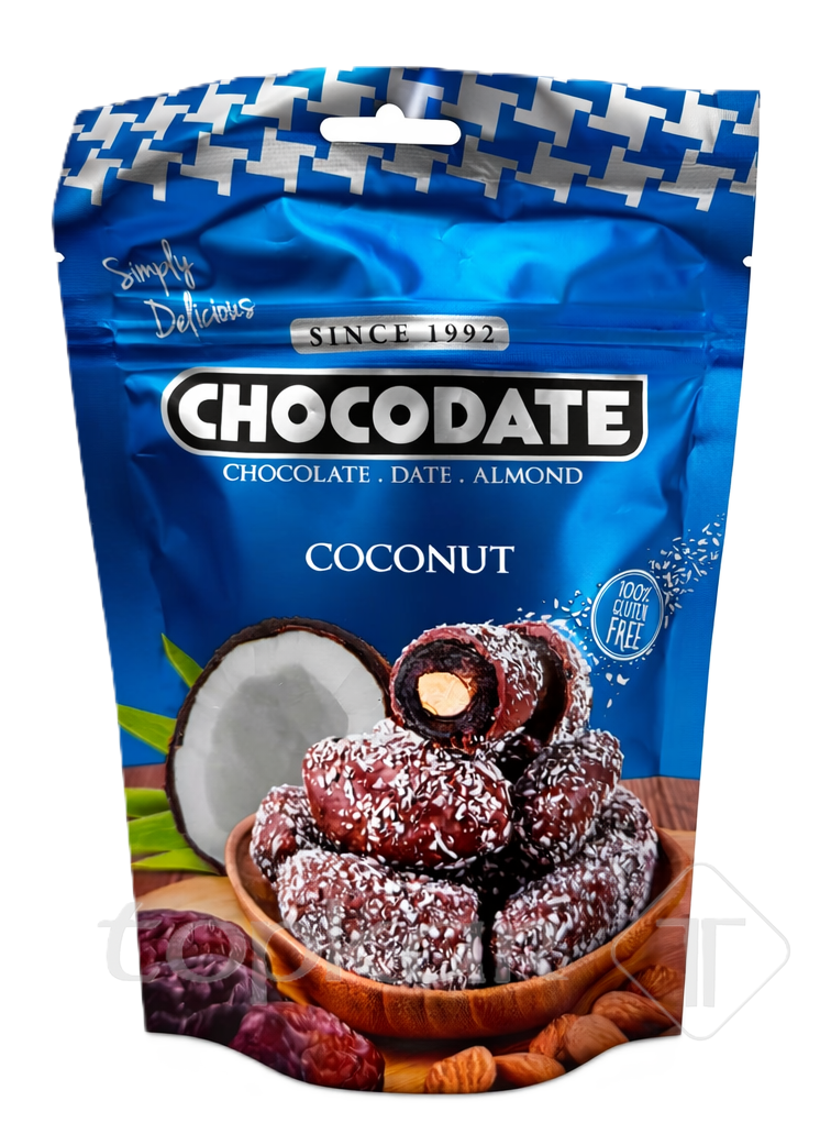 Chocodate Coconut in blauer Verpackung mit Kokosnuss, Datteln und Mandeln als Snackvariante