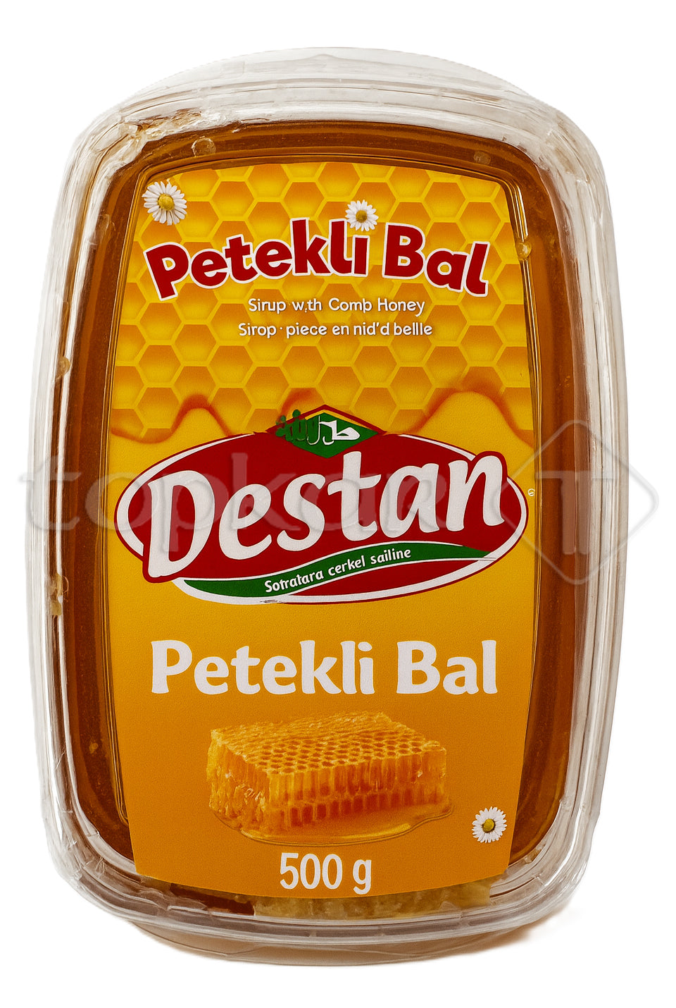 Destan Sirup mit Wabenhonig in 500 g Verpackung mit Honigwabe auf orangefarbenem Etikett