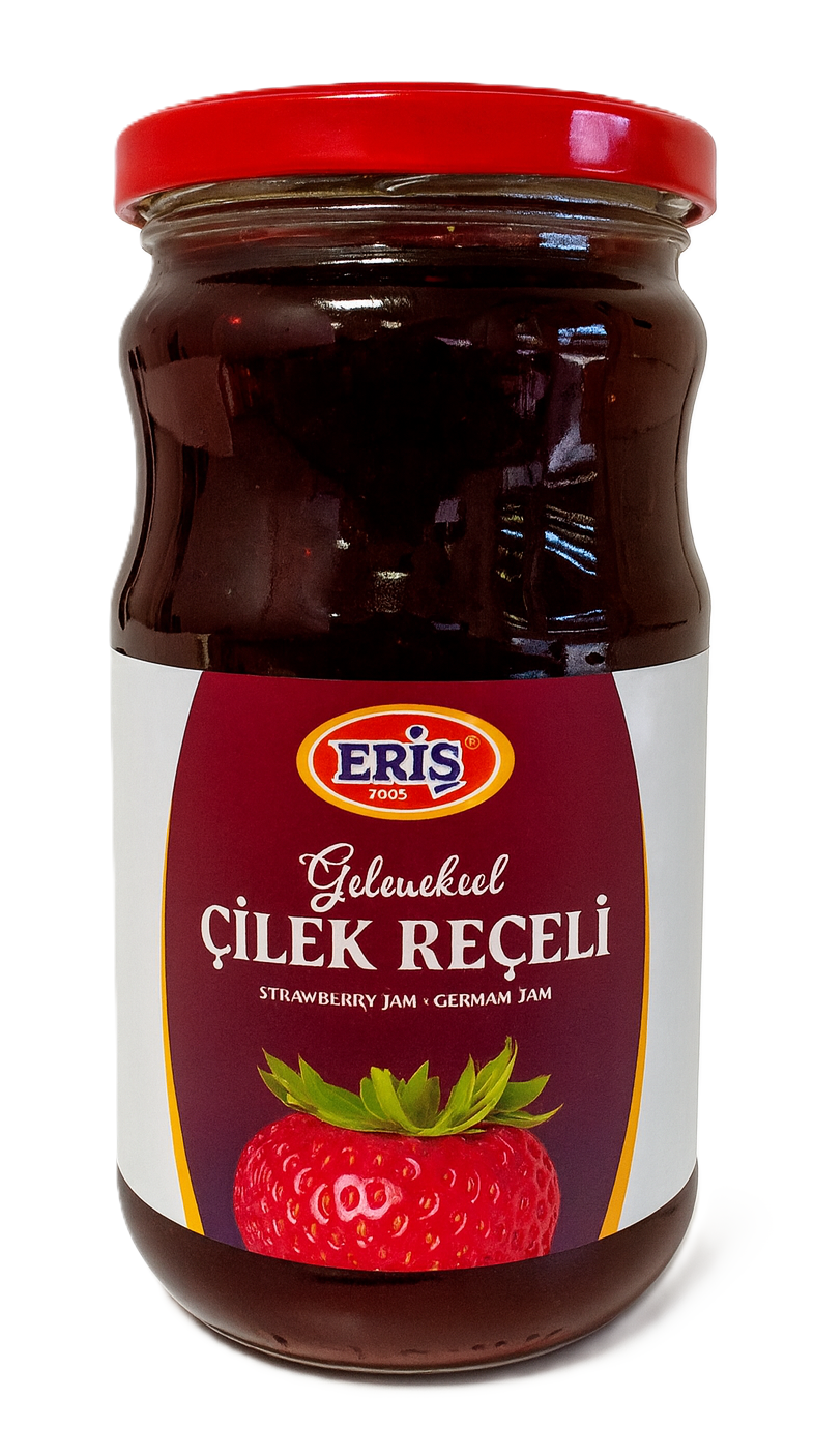 Eris Erdbeerkonfitüre im Glas mit rotem Deckel, fruchtig und süß für Brot und Frühstück