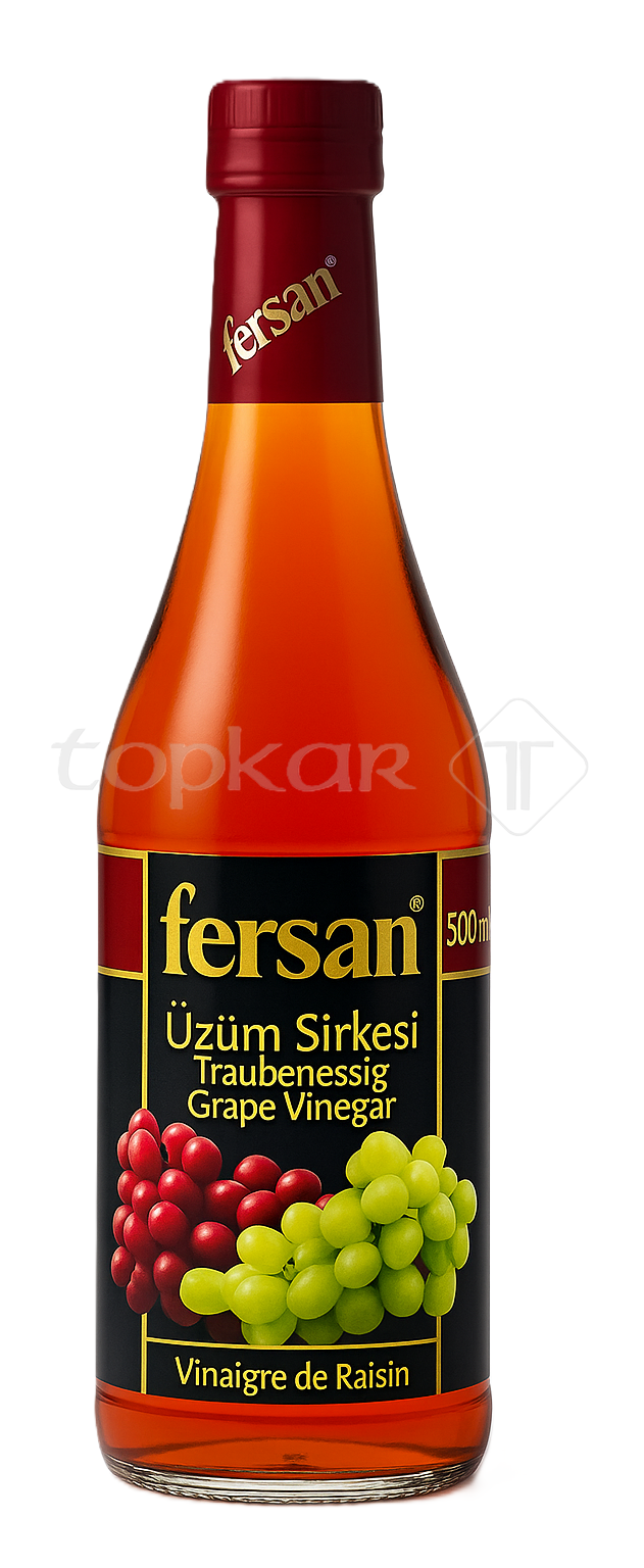 Fersan Traubenessig in 500 ml Glasflasche mit rotem und grünem Traubenmotiv auf schwarzem Etikett