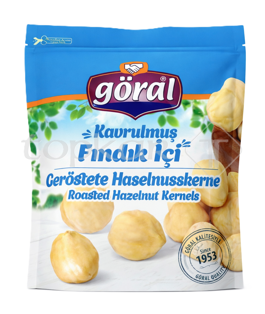 Göral Haselnusskerne in wiederverschließbarer Verpackung mit gerösteten Haselnusskernen und Gütesiegel seit 1953
