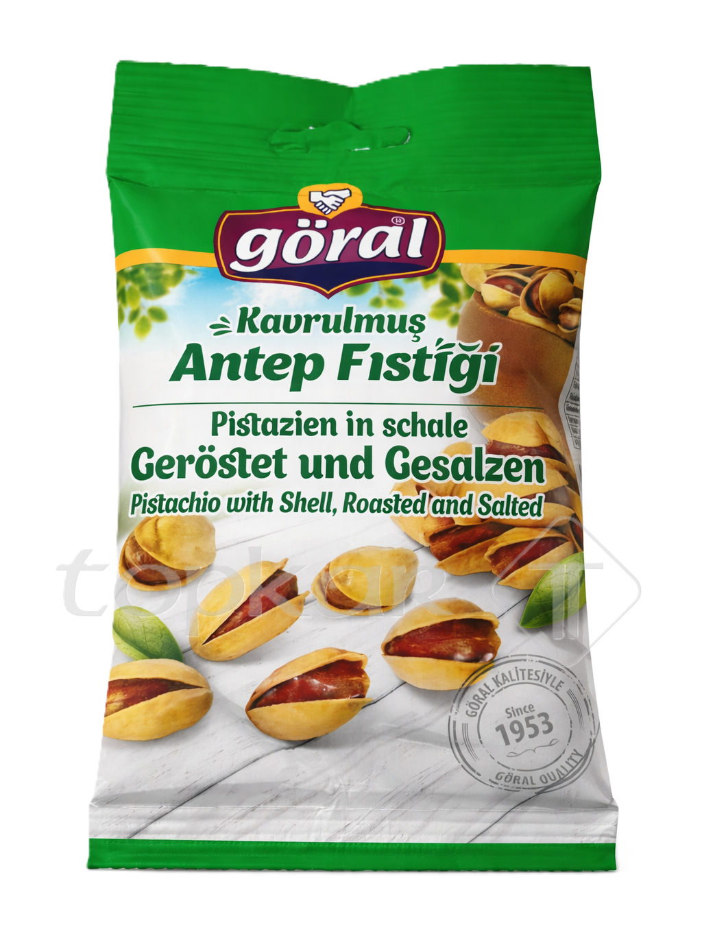 Göral Pistazien in Schale, geröstet und gesalzen, mit natürlichem Geschmack in grüner Verpackung seit 1953