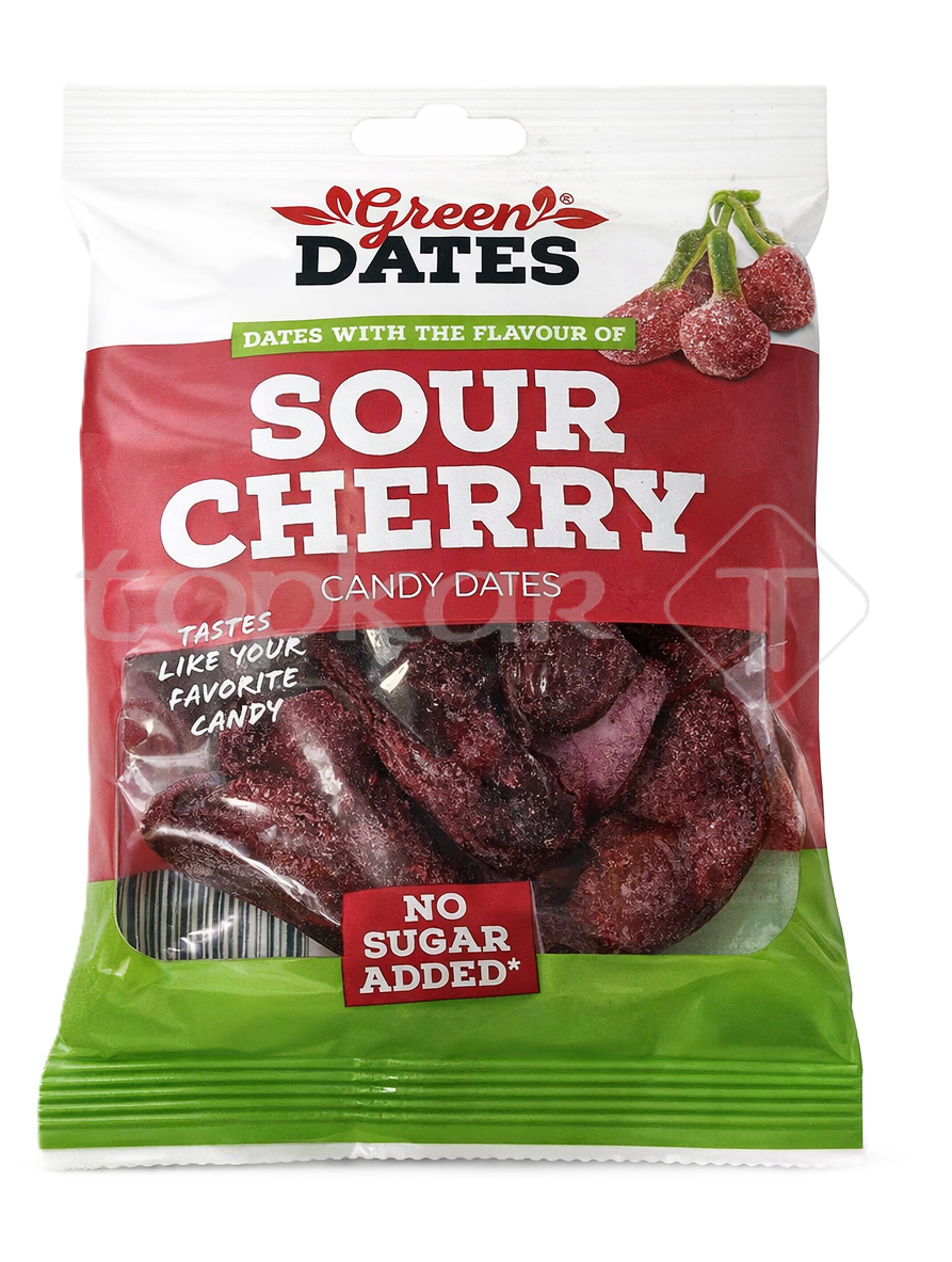 Green Dates Sour Cherry Dattel Süssigkeit mit sauer-süßem Kirschgeschmack ohne Zuckerzusatz in wiederverschließbarer Tüte