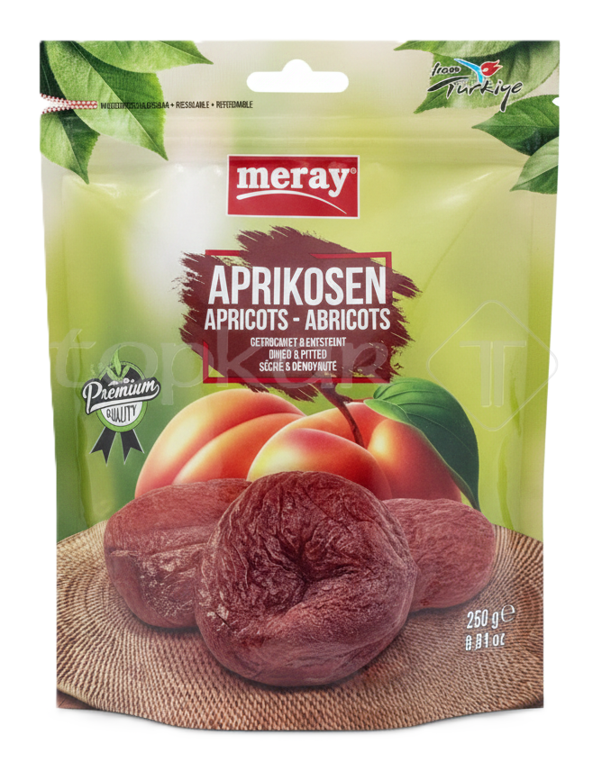 250g Packung Meray Pflaumen, getrocknet und entsteint, mit Abbildung von saftigen Pflaumen auf rustikalem Hintergrund.