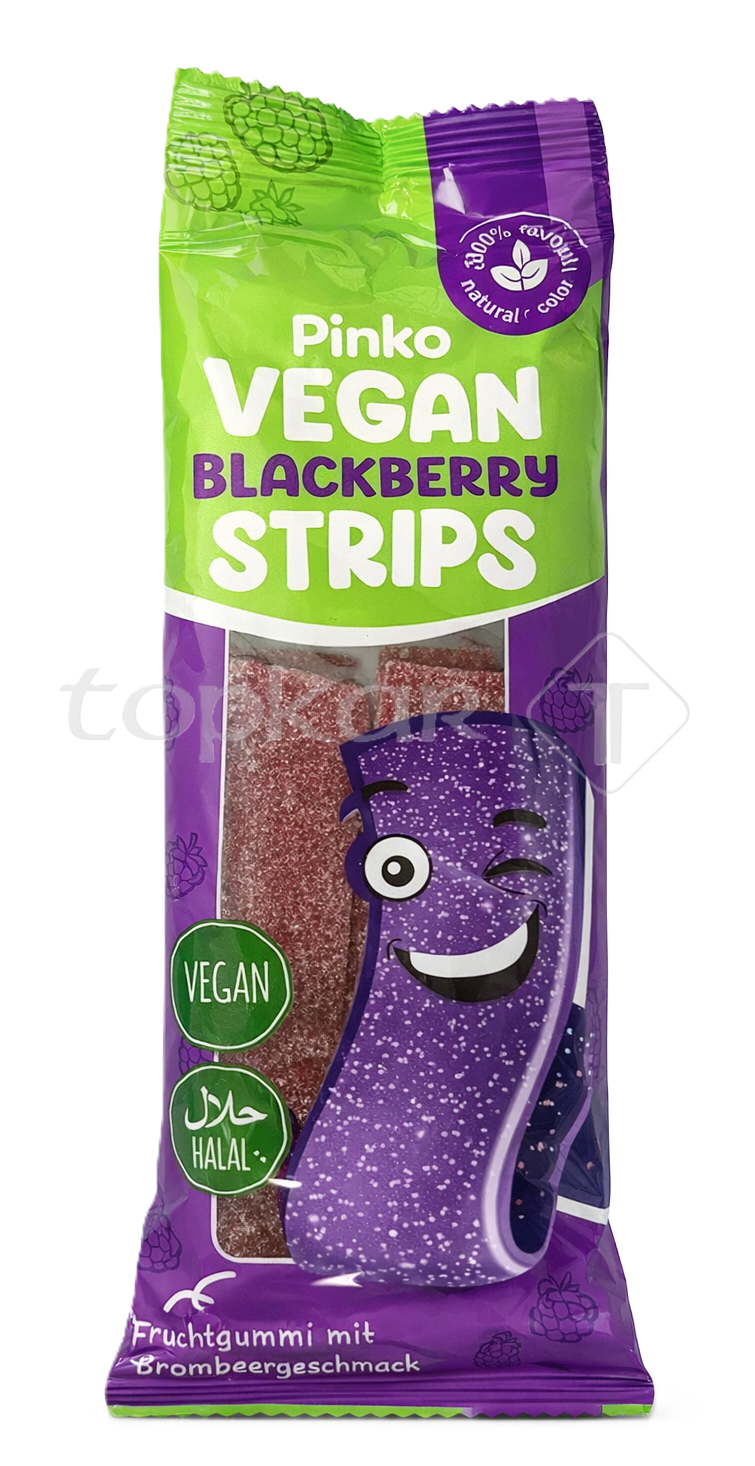 Pinko Vegan Sticks Blackberry vegane Fruchtgummistreifen mit natürlichem Brombeergeschmack und halal Zertifikat in bunter Verpackung
