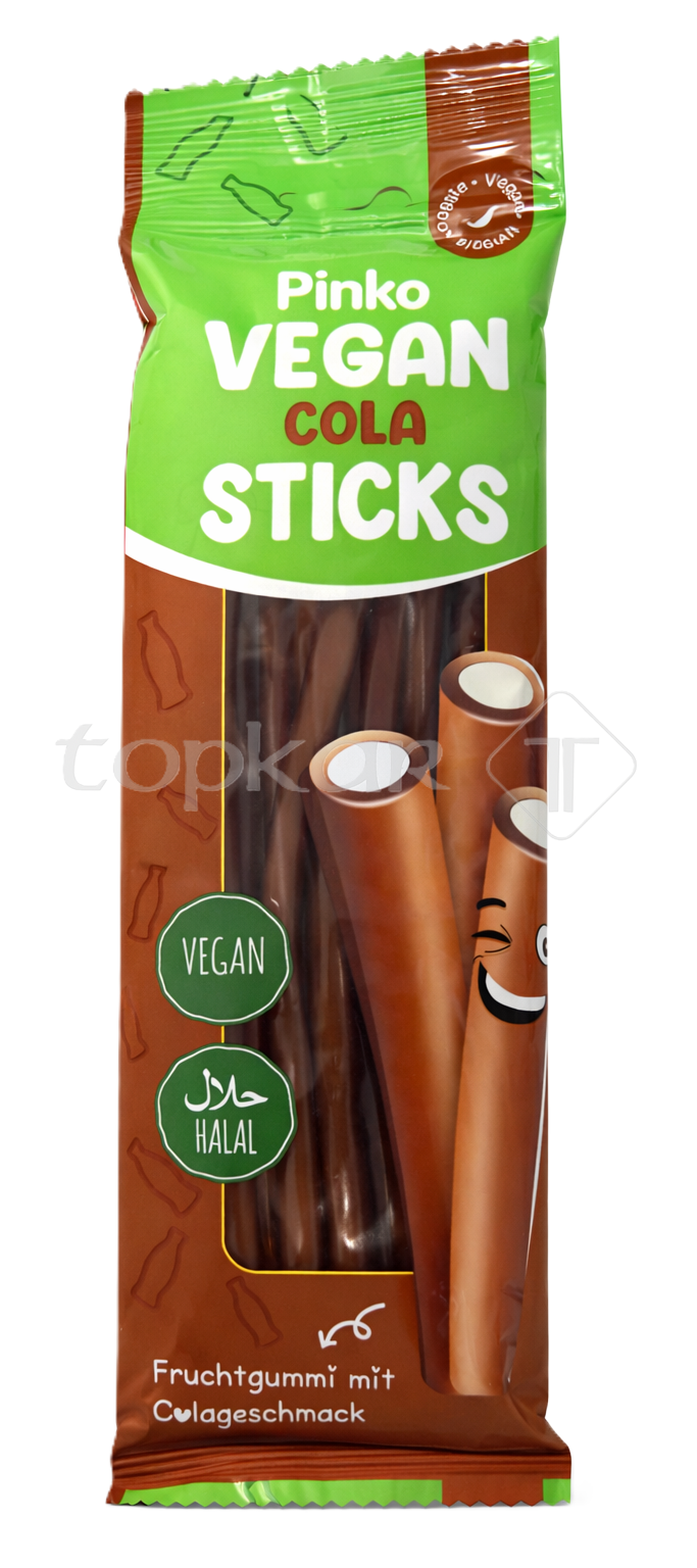 Pinko Vegan Cola Sticks Fruchtgummi mit Cola-Geschmack, vegan und halal zertifiziert in bunter Verpackung