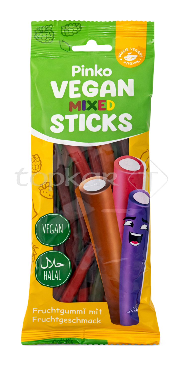 Pinko Vegan Mixed Sticks veganes Fruchtgummi in bunter Verpackung mit halal Zertifizierung und fruchtigem Geschmack