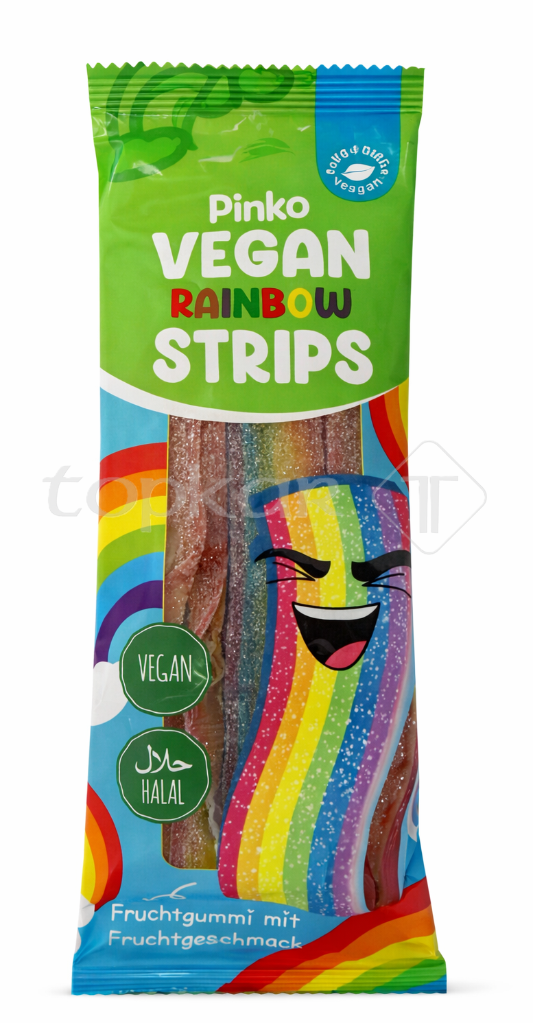 Pinko Vegan Rainbow Strips vegane Fruchtgummistreifen mit buntem Regenbogengeschmack und halal Zertifizierung