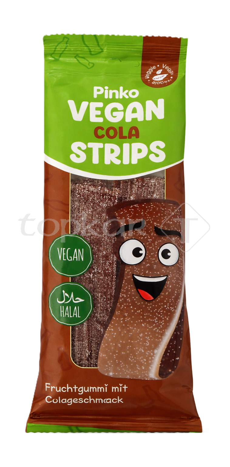 Pinko Vegan Cola Strips vegane Fruchtgummistreifen mit Cola-Geschmack und halal Zertifizierung in bunter Verpackung