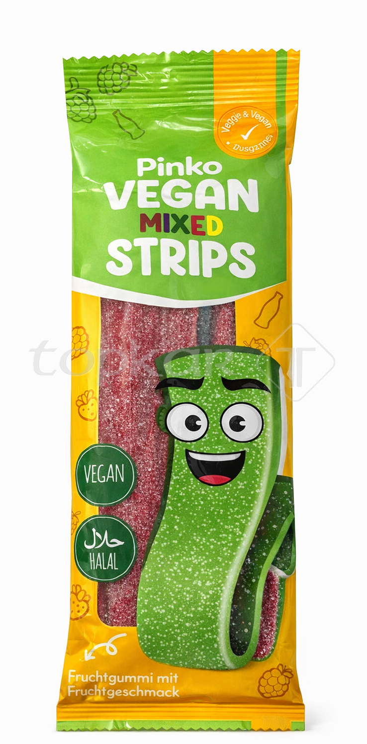 Pinko Vegan Mixed Strips Fruchtgummi in buntem Beutel mit veganem und halal zertifiziertem Fruchtgeschmack