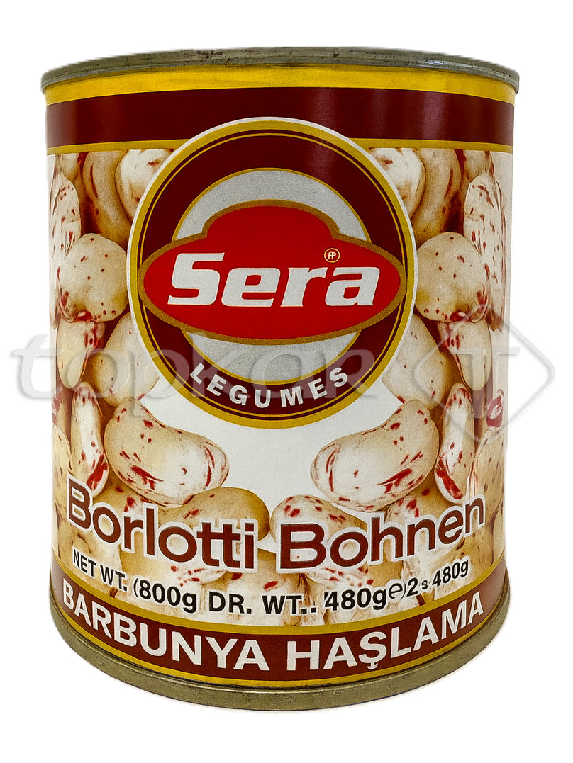 Sera Borlotti Bohnen Dose mit weißen Bohnen und roten Sprenkeln auf weißem Hintergrund
