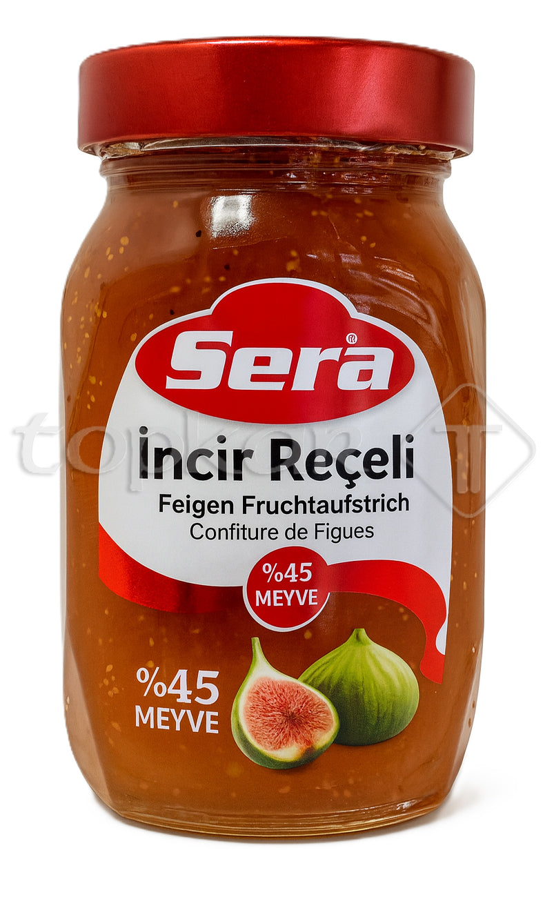 Sera Feigen Fruchtaufstrich im Glas mit rotem Deckel und Abbildung von frischen Feigen auf dem Etikett
