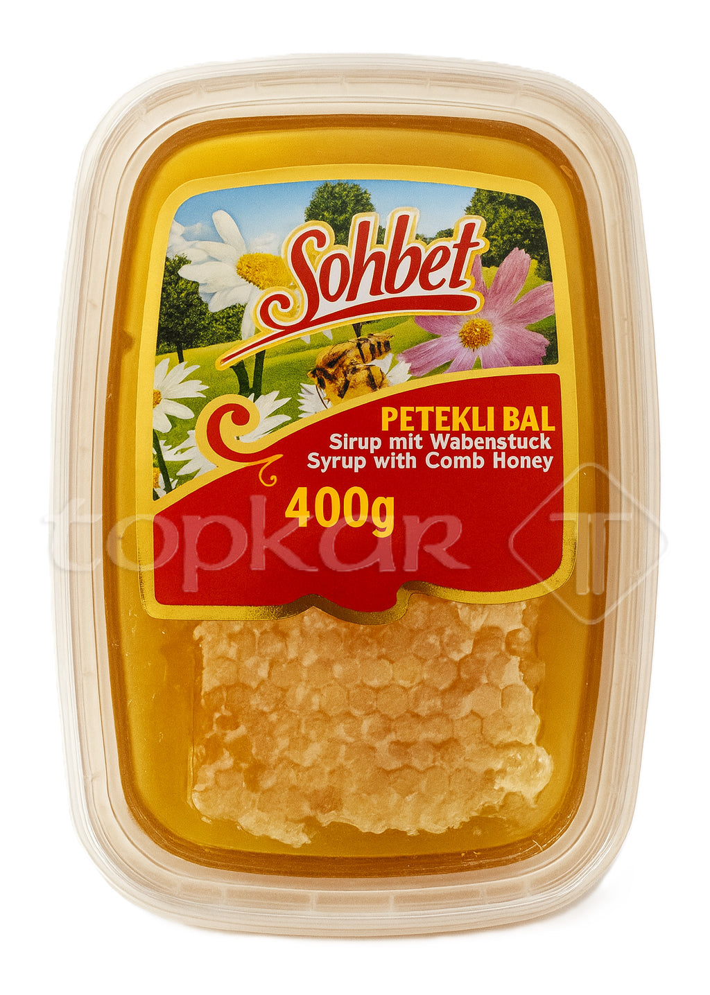 Sohbet Sirup mit Wabenhonig 400g Verpackung mit Honigwabe und floralem Etikett in Klarsichtdose