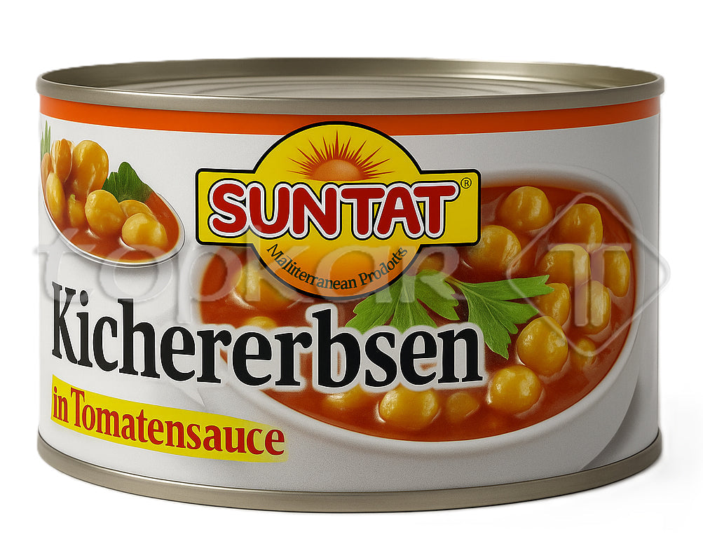 Suntat Kichererbsen in Tomatensauce in Dose mit abgebildeten Kichererbsen und Petersilienblatt auf Etikett