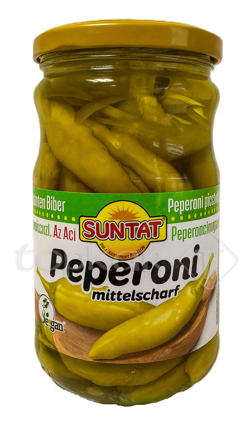 Suntat Pepperoni mittelscharf eingelegte Pepperoni scharfe grüne Peperoni im Glas vegan und lecker