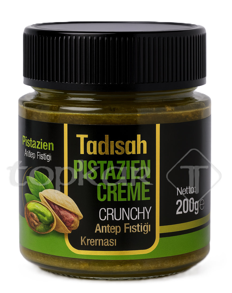 Tadisah Pistazien Creme Crunchy 200g Glas mit grünem Aufkleber und Pistazienbild vor weißem Hintergrund