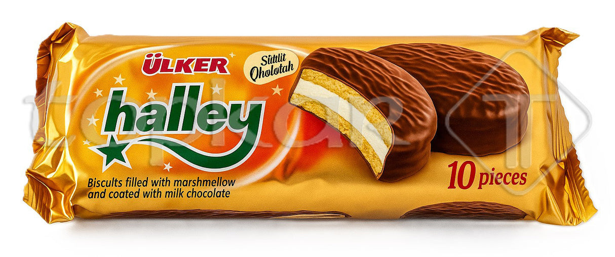 Ülker Halley Doppelkekse, Milchschokolade mit Marshmallow-Füllung, 10 Stück Packung