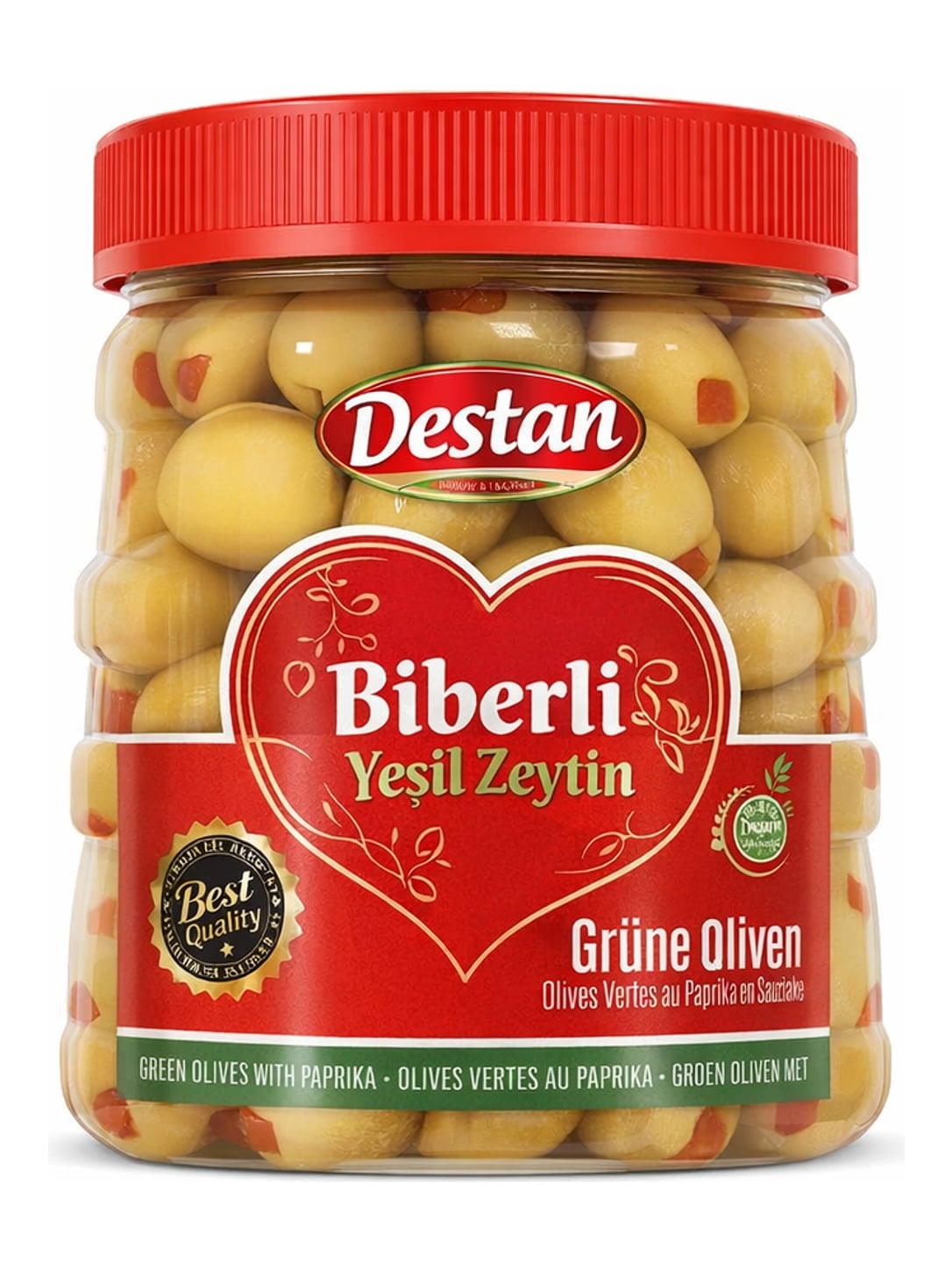 Destan Biberli Yeşil Zeytin 1120g – grüne Oliven gefüllt mit roter Paprika in Salzlake