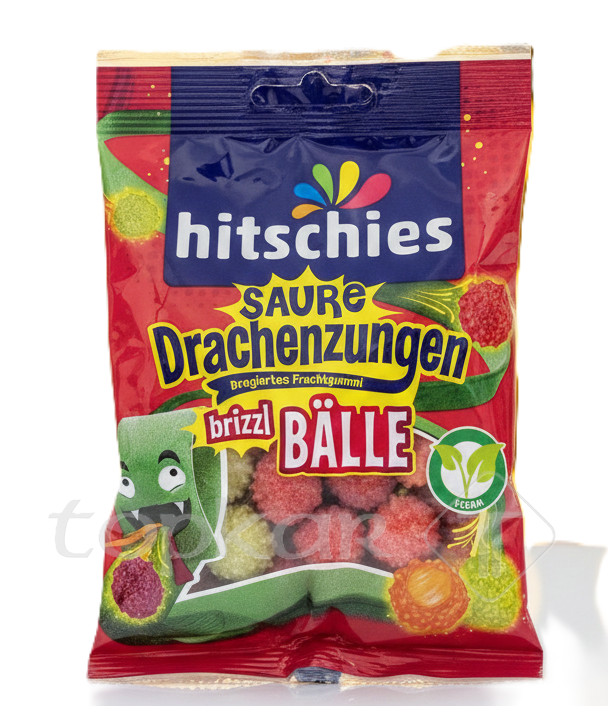 Hitschies Saure Drachenzungen Bälle in bunter Verpackung, saure Fruchtgummis mit spritzigem Geschmack und veganem Genuss