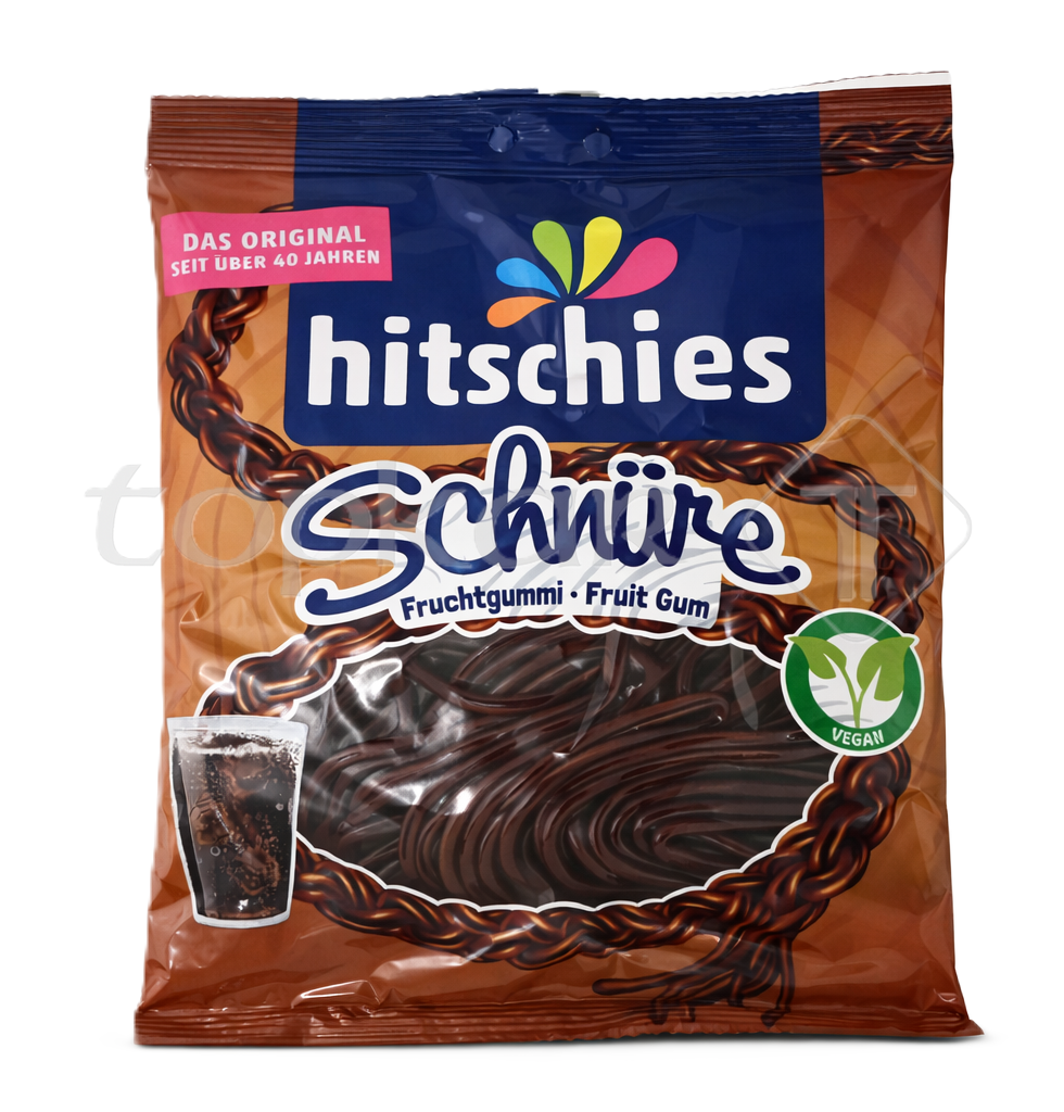 Hitschies Schnüre Cola vegane Fruchtgummis in brauner Verpackung mit erfrischendem Cola-Geschmack