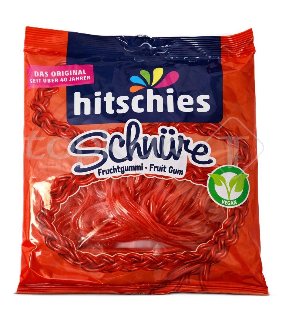 Hitschies Schnüre Erdbeere Fruchtgummi vegan in roter Verpackung, fruchtig und lecker