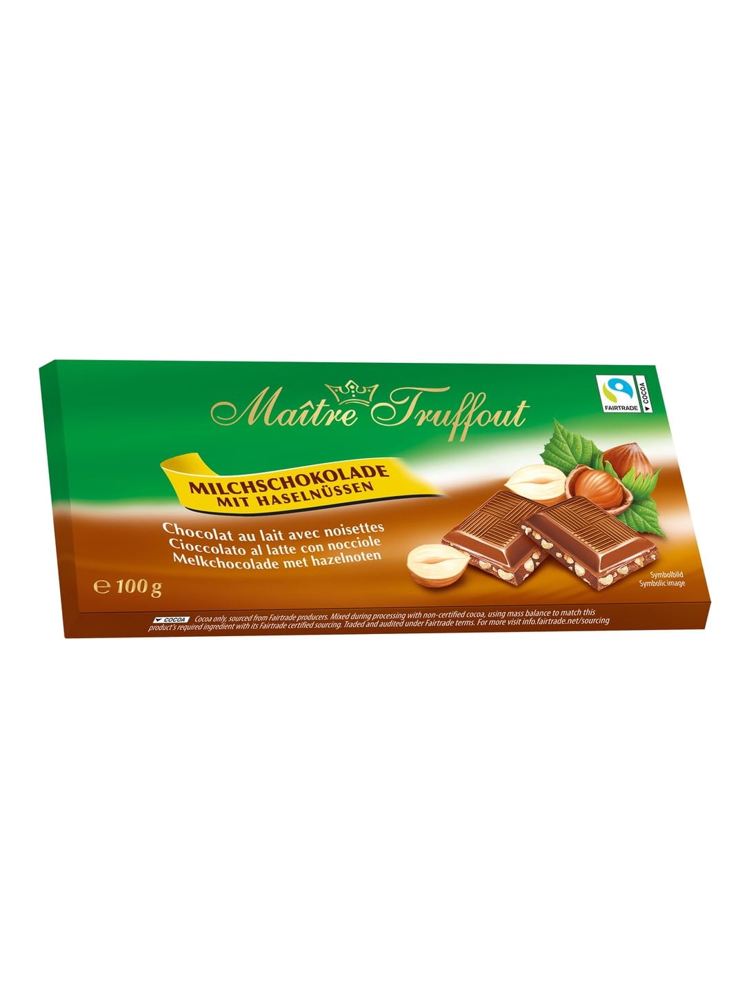 Maître Truffout Milchschokolade mit Haselnuss 100g – Vollmilchschokolade mit ganzen Haselnüssen