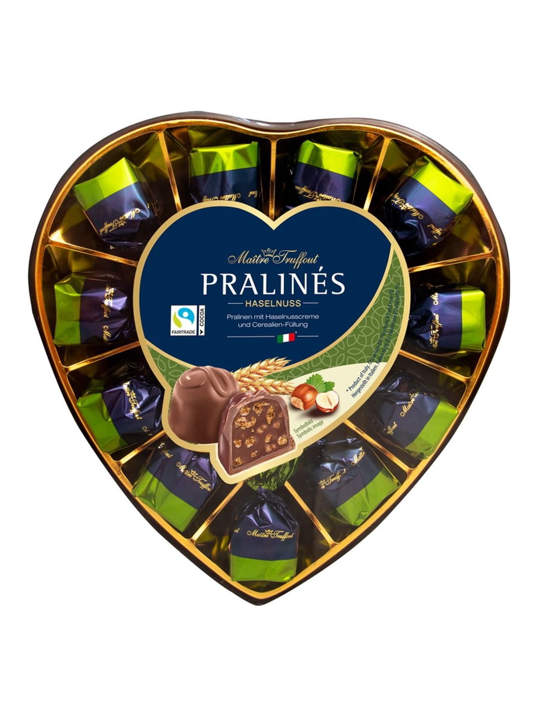 Maître Truffout Pralinen Milchschokolade Haselnuss & Cerealien Herz 165g – Schokoladen-Herzpralinen