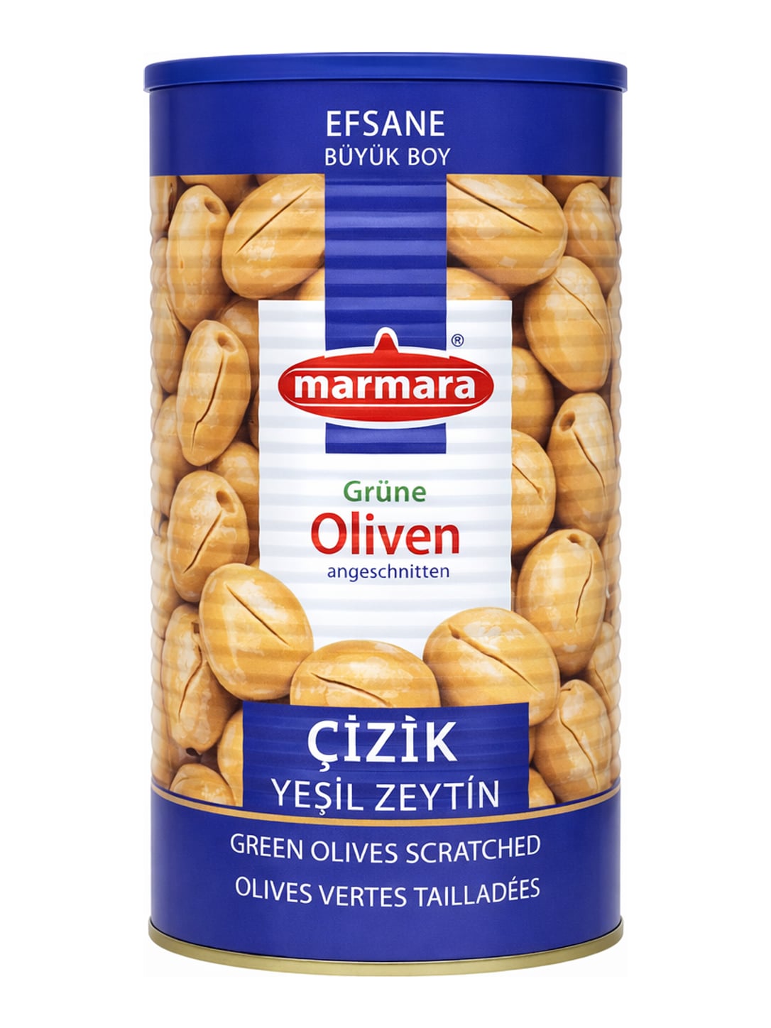 Marmara Grüne Oliven angeschnitten 1250g – Çizik Yeşil Zeytin türkische Oliven mit Stein