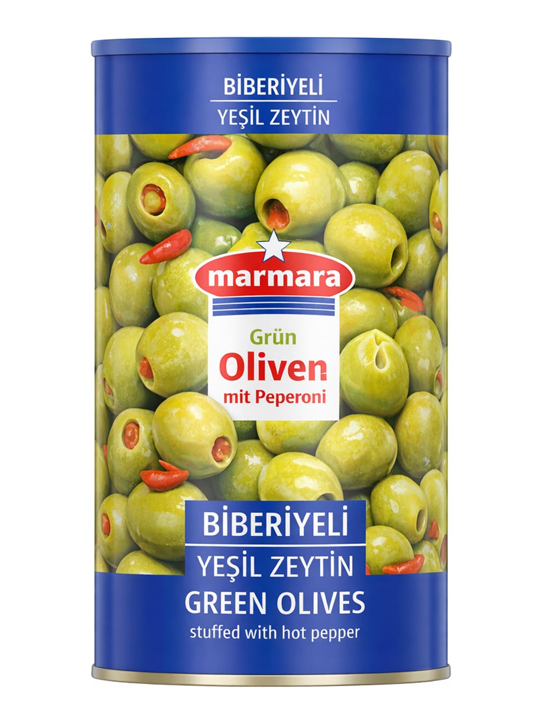 Marmara Biberiyeli Yeşil Zeytin 1250g – Grüne Oliven mit Peperoni eingelegt