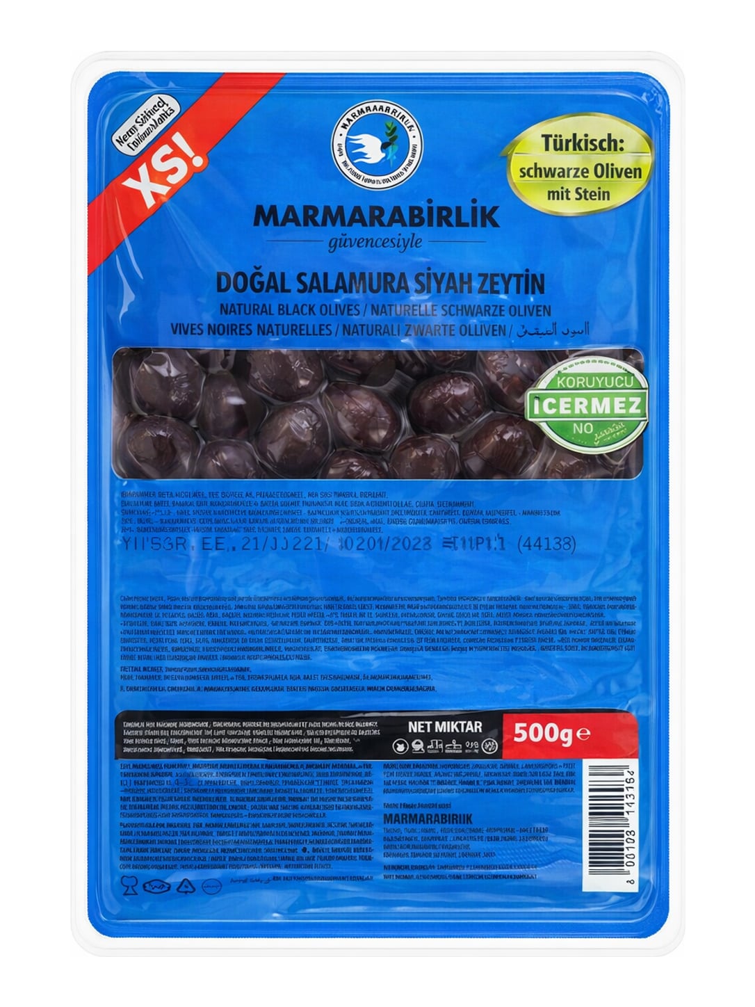 Marmarabirlik Doğal Salamura Siyah Zeytin 500g – Schwarze Oliven natur eingelegt XS