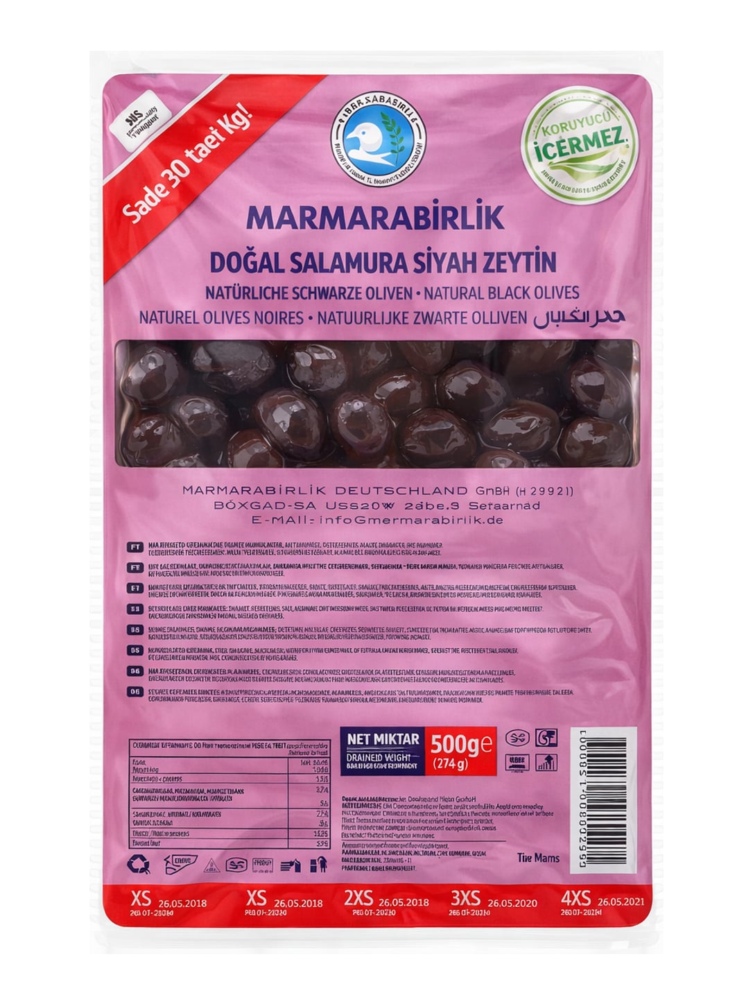 Marmarabirlik Schwarze Oliven Natur Eingelegt 500g – Doğal Salamura Siyah Zeytin