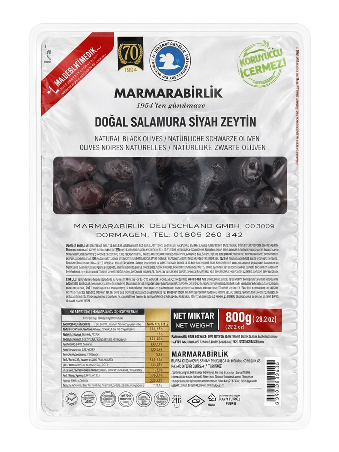 MARMARABIRLIK Schwarze Oliven Salamura 800g – Doğal Siyah Zeytin natürlich eingelegt