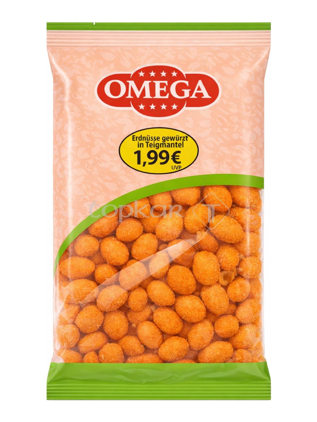 Omega Erdnüsse gewürzt in Teigmantel 180g – pikanter Erdnuss-Snack im Teighülle
