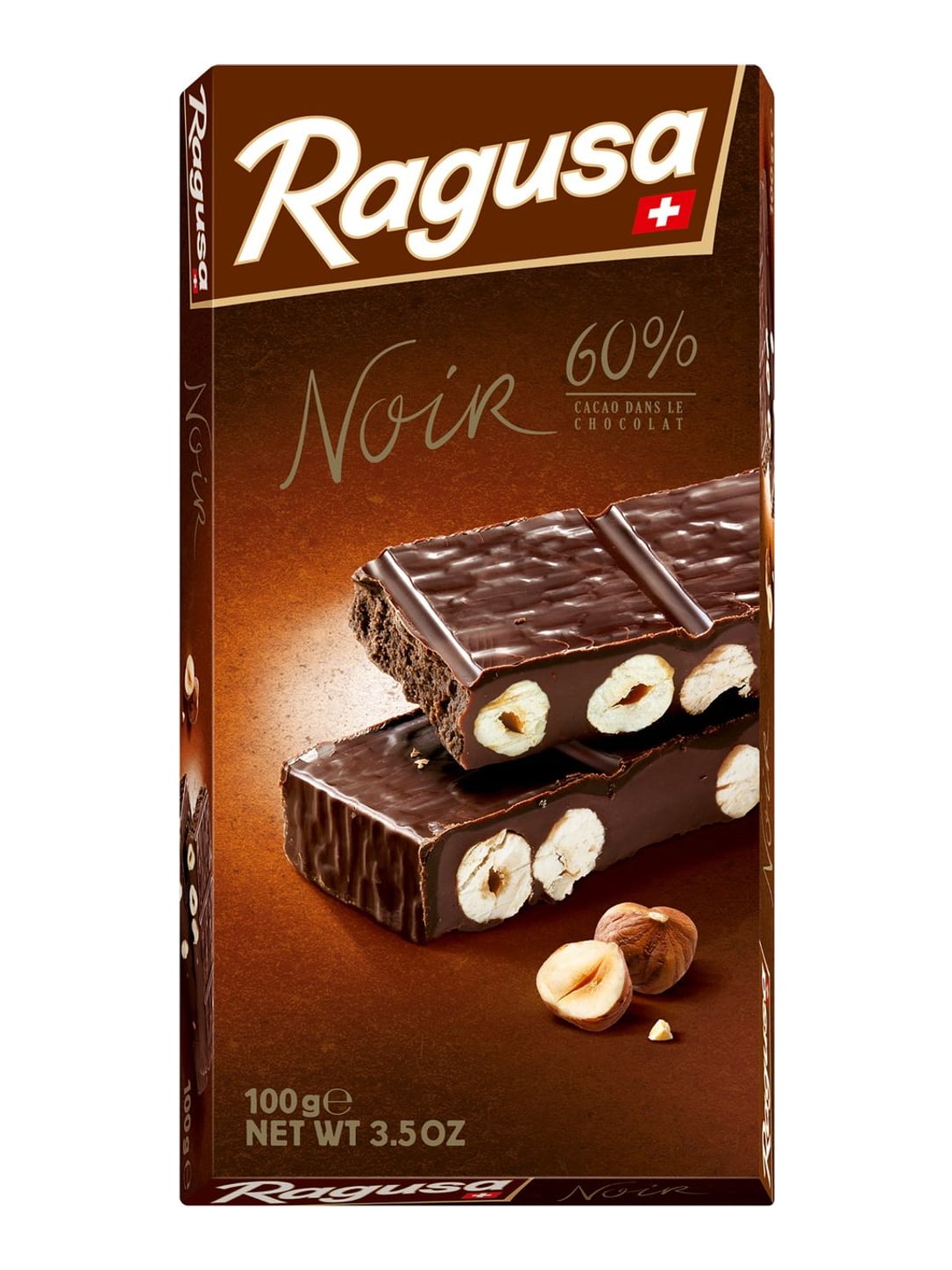 Ragusa Noir 60% 100g – Schweizer Zartbitter-Schokoladenriegel mit Haselnüssen