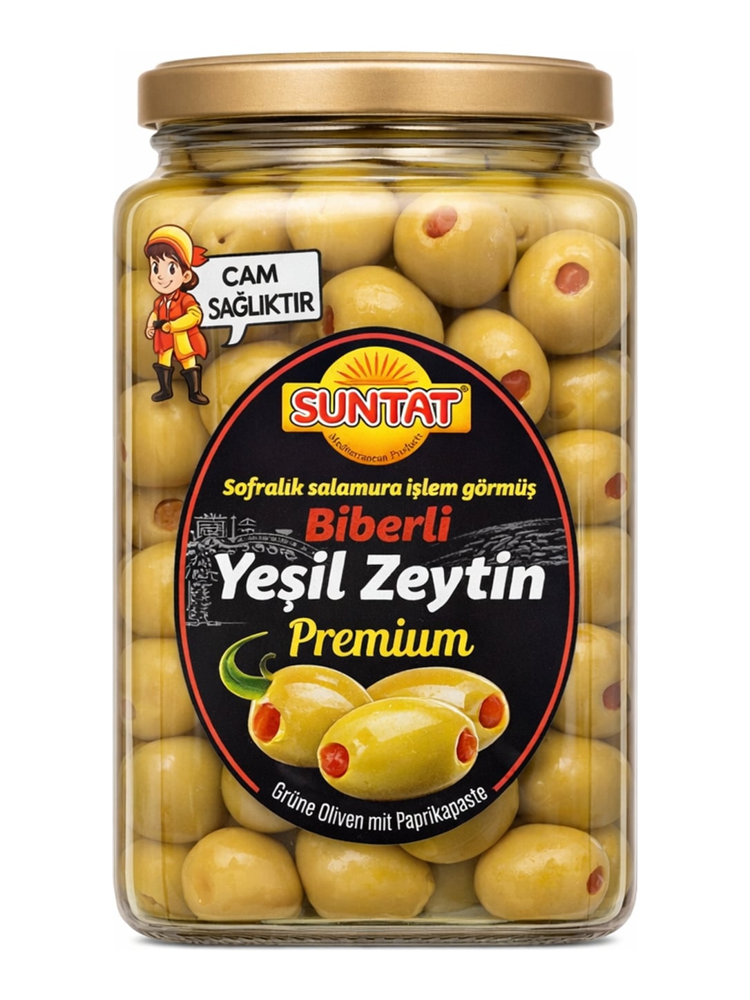 SUNTAT Grüne Oliven mit Paprikapaste Premium 1500g – Biberli Yeşil Zeytin