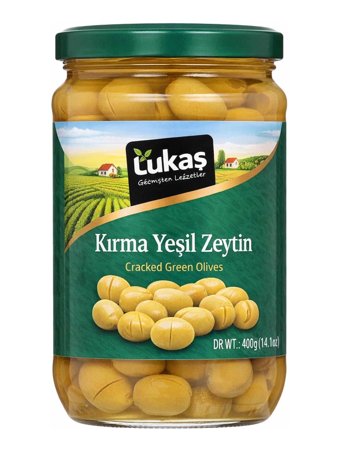 Tukaş Kırma Yeşil Zeytin 720g – aufgebrochene grüne Oliven in Salzlake