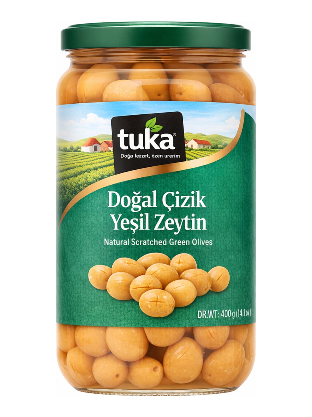 Tukas Doğal Çizik Yeşil Zeytin 700g – geritzter grüne Oliven eingelegt türkisch